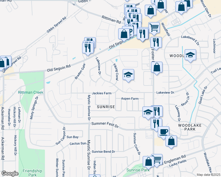 map of restaurants, bars, coffee shops, grocery stores, and more near 4914 Viking Coral in San Antonio