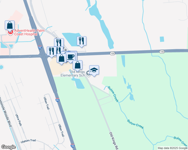 map of restaurants, bars, coffee shops, grocery stores, and more near 301 Old Kings Road South in Flagler Beach