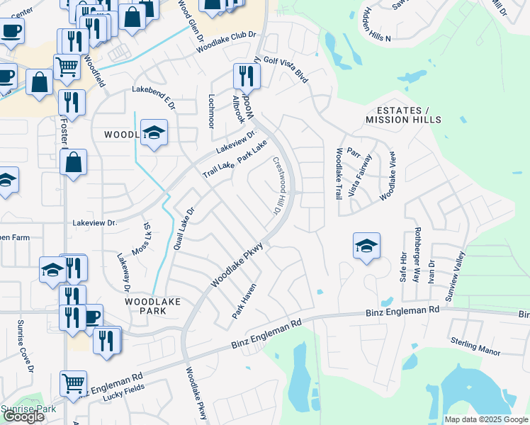 map of restaurants, bars, coffee shops, grocery stores, and more near 4931 Brazoswood in San Antonio