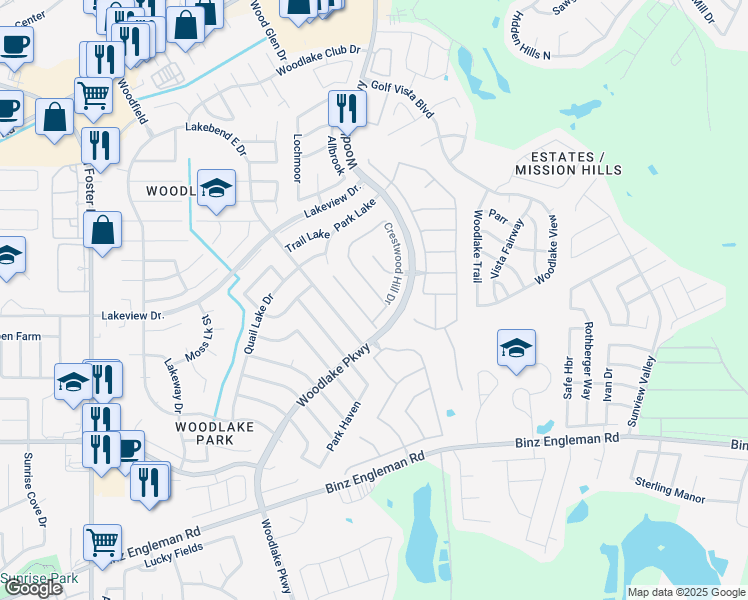 map of restaurants, bars, coffee shops, grocery stores, and more near 4931 Brazoswood in San Antonio