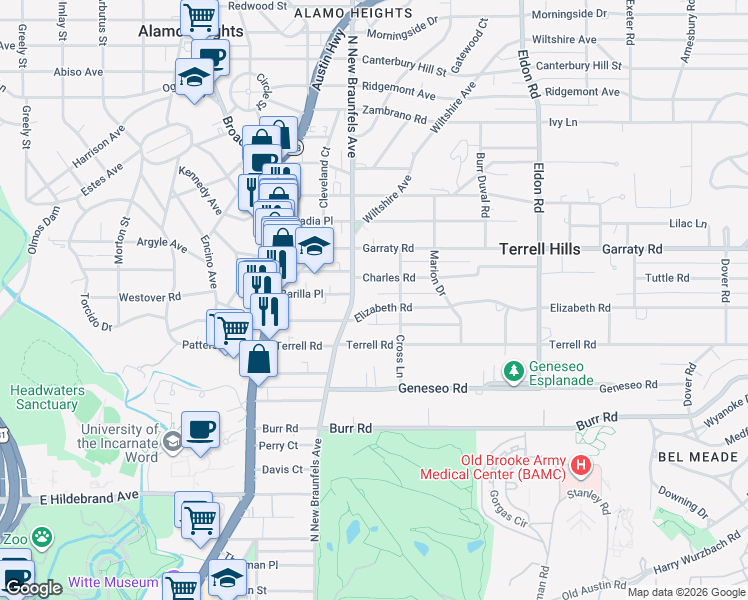 map of restaurants, bars, coffee shops, grocery stores, and more near 116 Charles Road in San Antonio