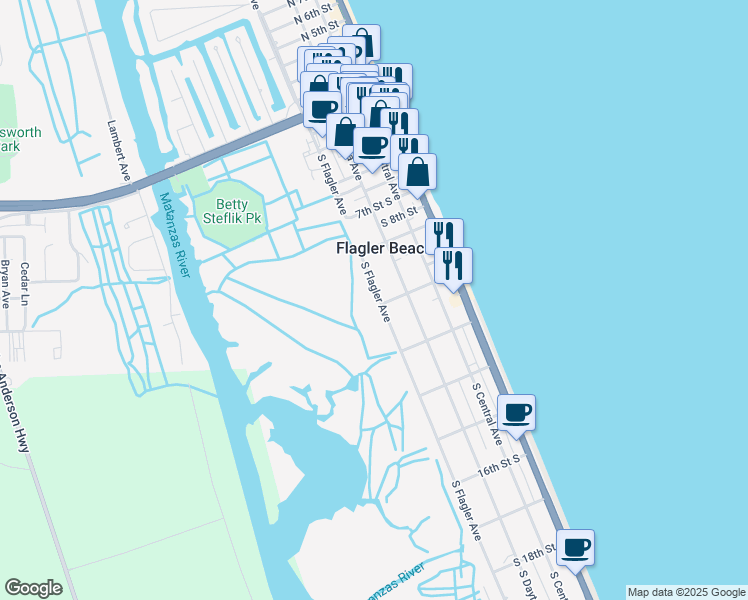 map of restaurants, bars, coffee shops, grocery stores, and more near 1024 South Flagler Avenue in Flagler Beach