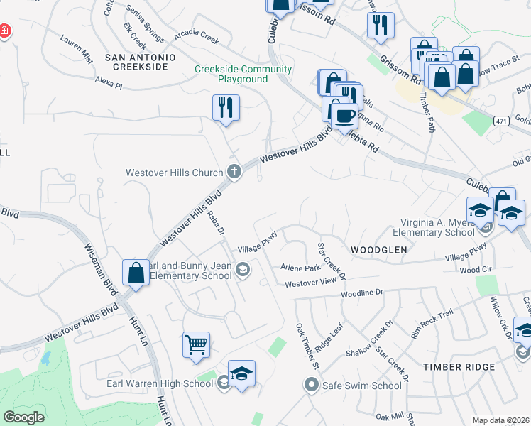 map of restaurants, bars, coffee shops, grocery stores, and more near 8631 Cross Spring in San Antonio