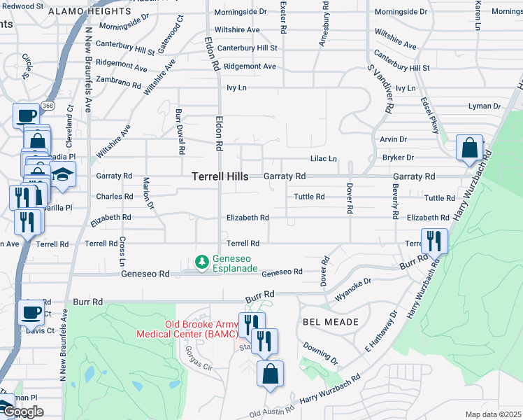 map of restaurants, bars, coffee shops, grocery stores, and more near 103 Nadine Road in San Antonio