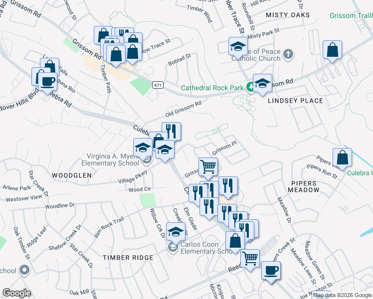 map of restaurants, bars, coffee shops, grocery stores, and more near 8315 Grissom Pass in San Antonio