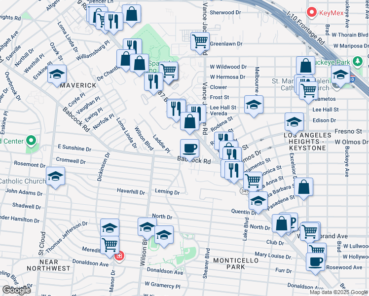 map of restaurants, bars, coffee shops, grocery stores, and more near 3435 Fredericksburg Road in San Antonio
