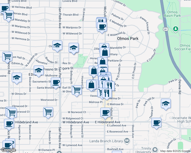 map of restaurants, bars, coffee shops, grocery stores, and more near 128 Odell Street in San Antonio