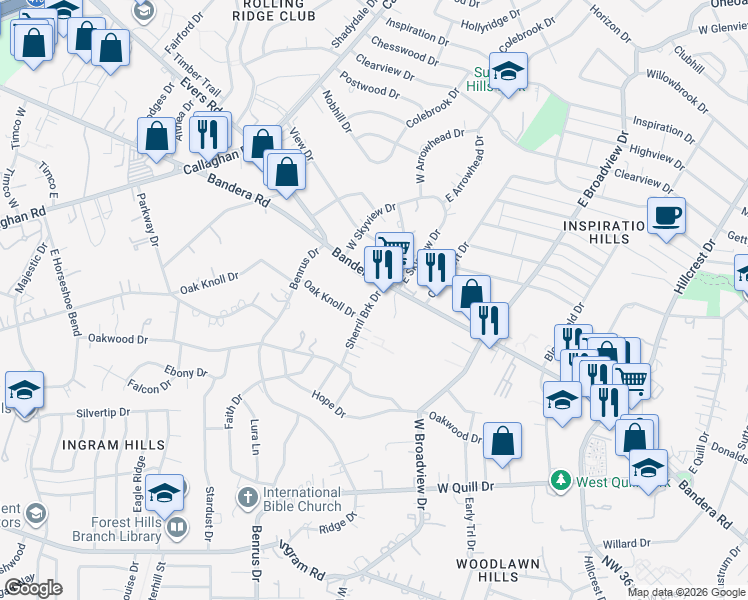 map of restaurants, bars, coffee shops, grocery stores, and more near 4011 Sherril Brook Road in San Antonio