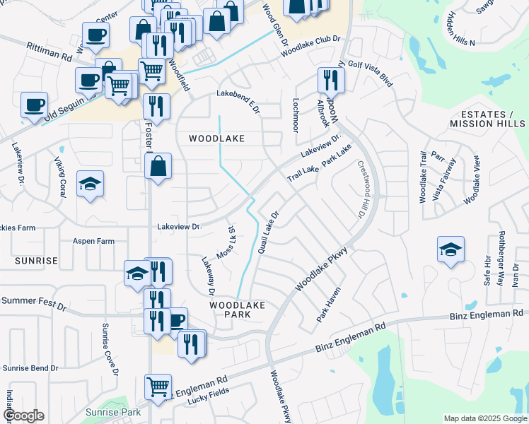 map of restaurants, bars, coffee shops, grocery stores, and more near 6819 Quail Lake Drive in San Antonio