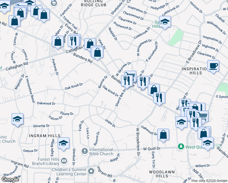 map of restaurants, bars, coffee shops, grocery stores, and more near 115 Oak Knoll Drive in San Antonio