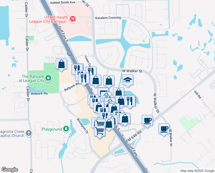 map of restaurants, bars, coffee shops, grocery stores, and more near 2520 Gulf Freeway South in League City