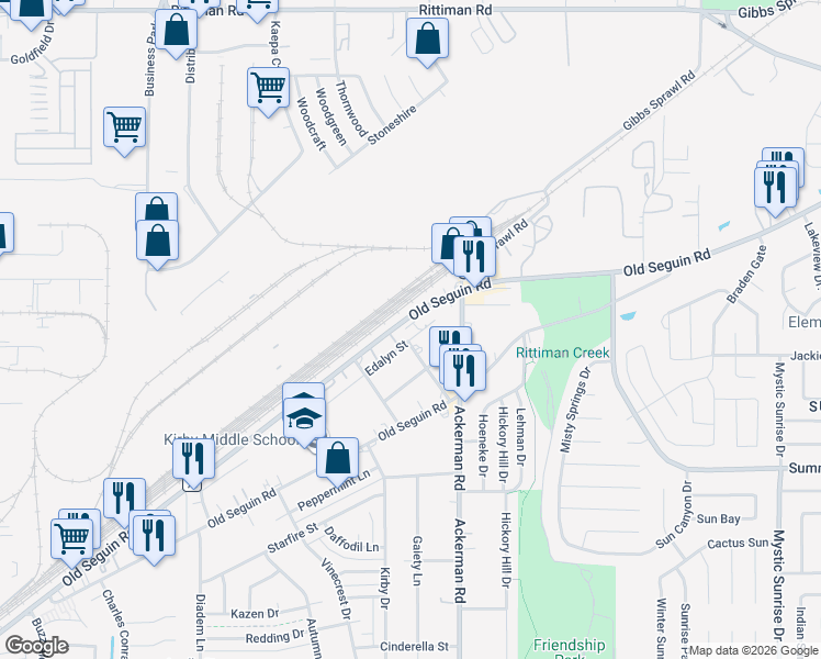 map of restaurants, bars, coffee shops, grocery stores, and more near 5450 Seguin Road in San Antonio