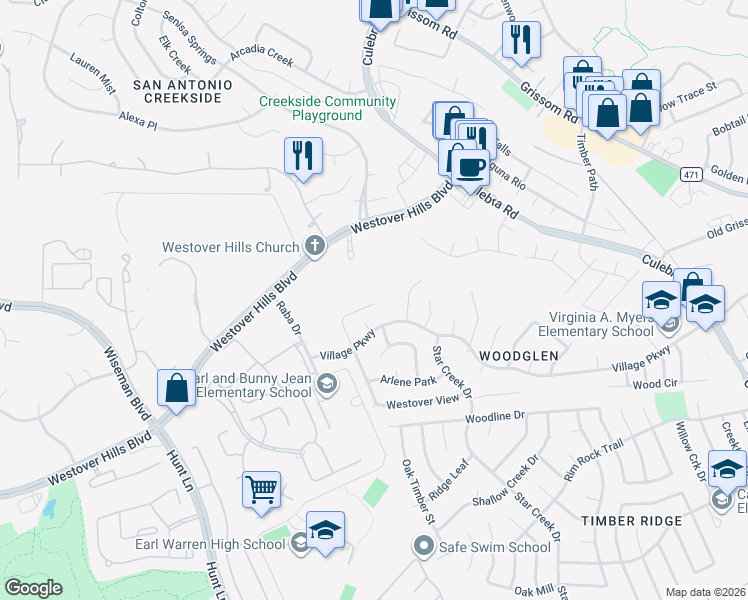 map of restaurants, bars, coffee shops, grocery stores, and more near 8631 Cross Spring in San Antonio