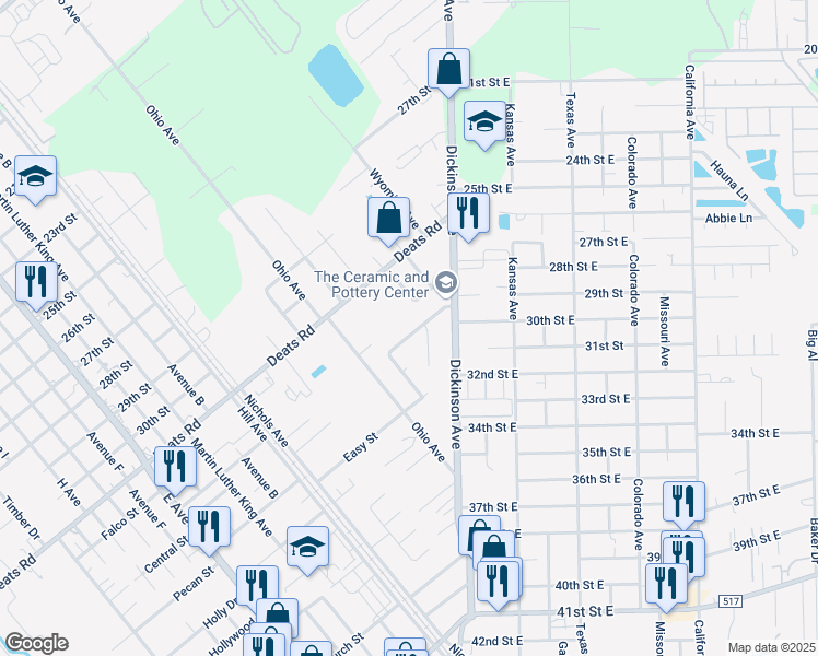 map of restaurants, bars, coffee shops, grocery stores, and more near 3117 Edgewood Drive in Dickinson
