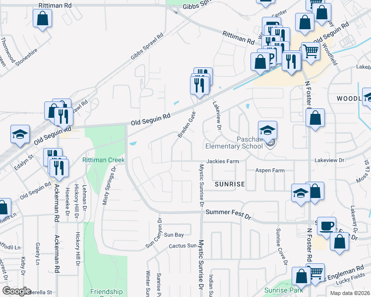 map of restaurants, bars, coffee shops, grocery stores, and more near 4931 Sunset Bluff in San Antonio