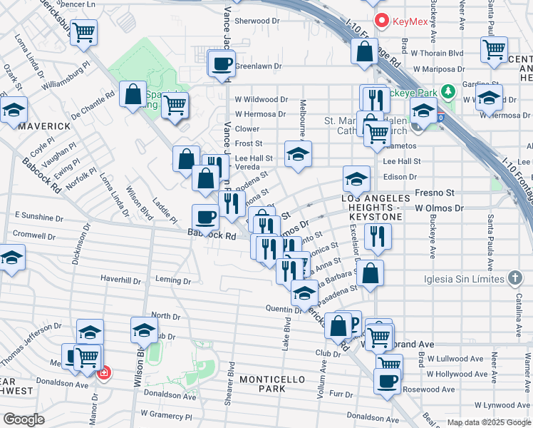 map of restaurants, bars, coffee shops, grocery stores, and more near 2228 Edison Drive in San Antonio
