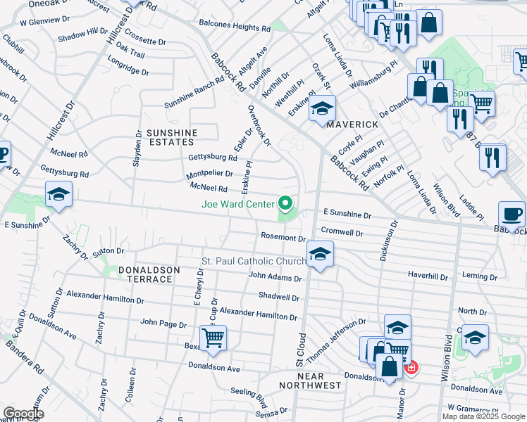 map of restaurants, bars, coffee shops, grocery stores, and more near 455 East Sunshine Drive in San Antonio