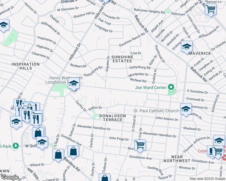 map of restaurants, bars, coffee shops, grocery stores, and more near 874 East Sunshine Drive in San Antonio