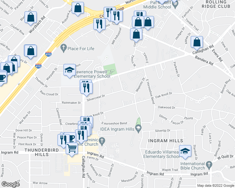 map of restaurants, bars, coffee shops, grocery stores, and more near 5710 Silvercrest Drive in San Antonio
