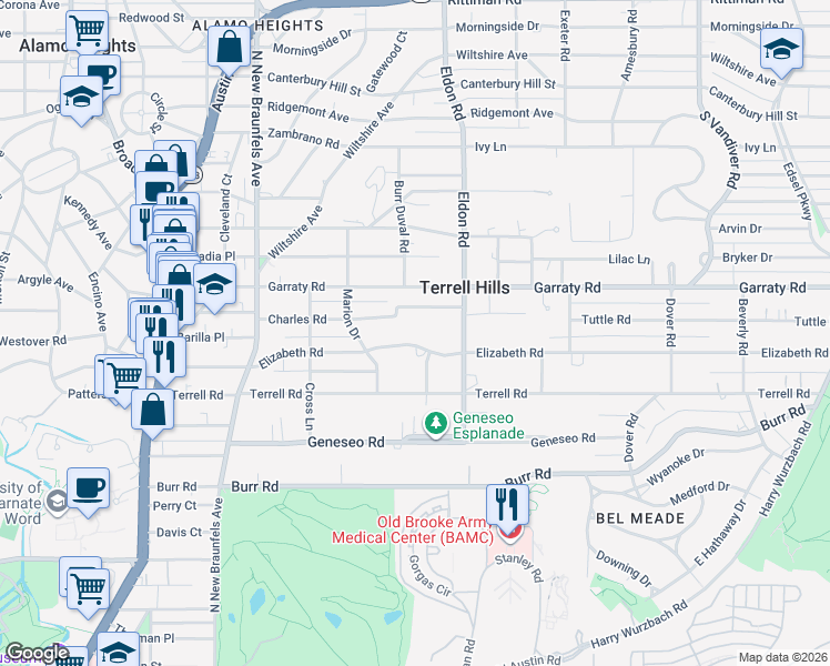 map of restaurants, bars, coffee shops, grocery stores, and more near 339 Elizabeth Road in San Antonio