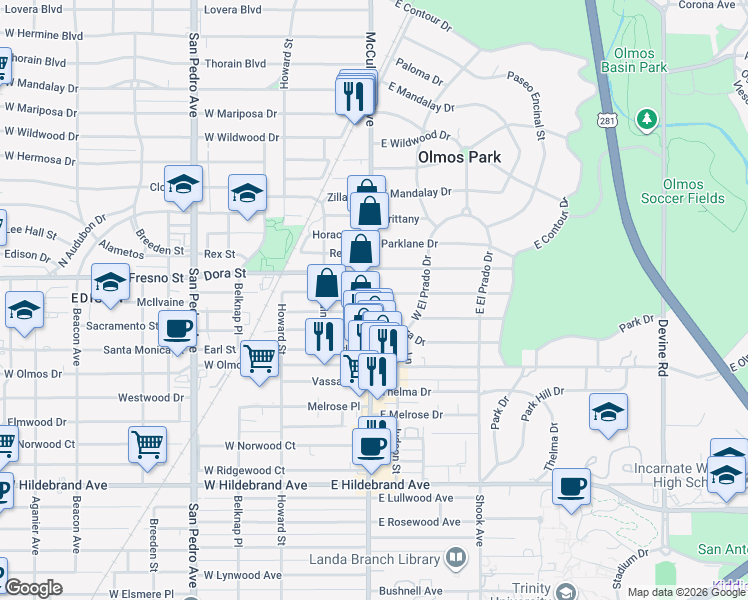 map of restaurants, bars, coffee shops, grocery stores, and more near 102 Luther Drive in San Antonio