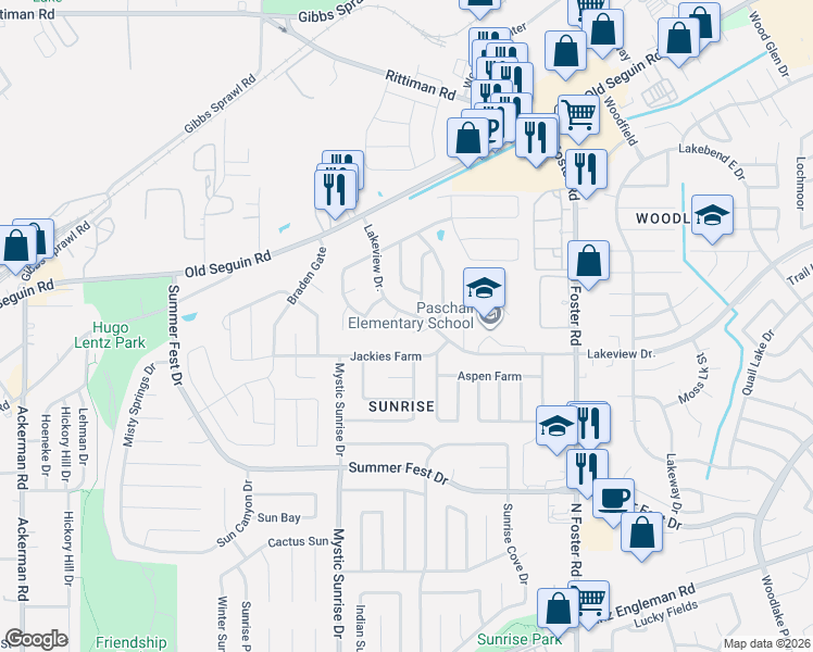 map of restaurants, bars, coffee shops, grocery stores, and more near 4919 Viking Coral in San Antonio
