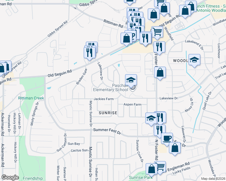map of restaurants, bars, coffee shops, grocery stores, and more near 4919 Viking Coral in San Antonio