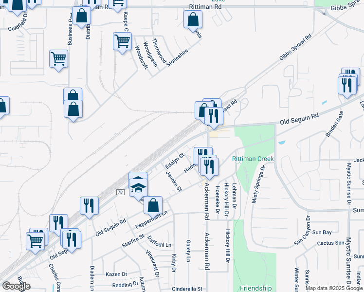 map of restaurants, bars, coffee shops, grocery stores, and more near 5450 Seguin Road in San Antonio