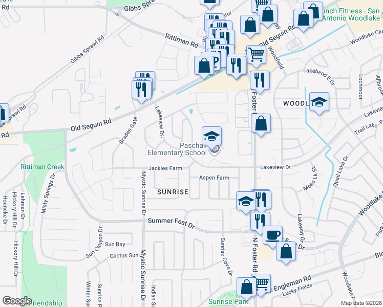 map of restaurants, bars, coffee shops, grocery stores, and more near 4919 Viking Coral in San Antonio