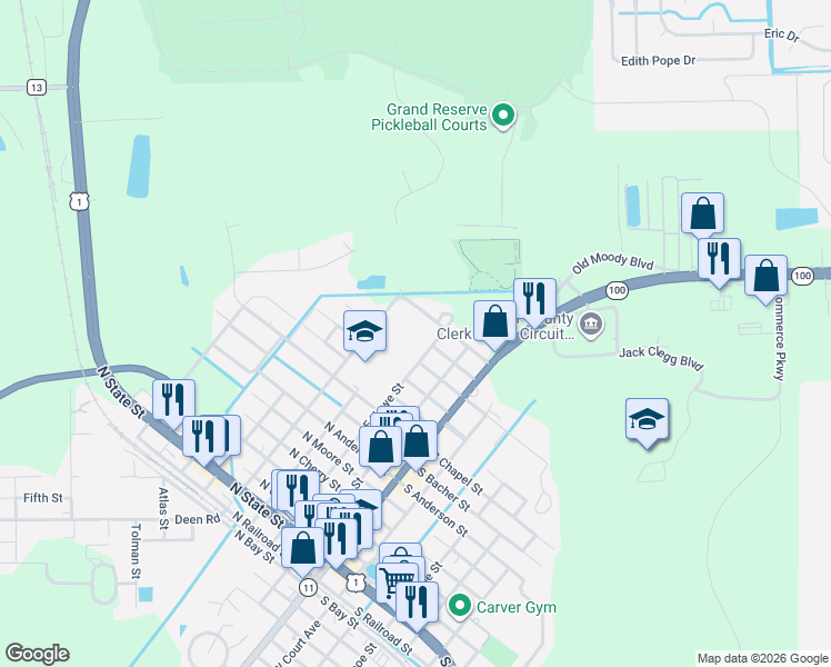 map of restaurants, bars, coffee shops, grocery stores, and more near 1100 East Magnolia Street in Bunnell