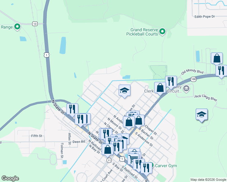 map of restaurants, bars, coffee shops, grocery stores, and more near 600 North Peach Street in Bunnell