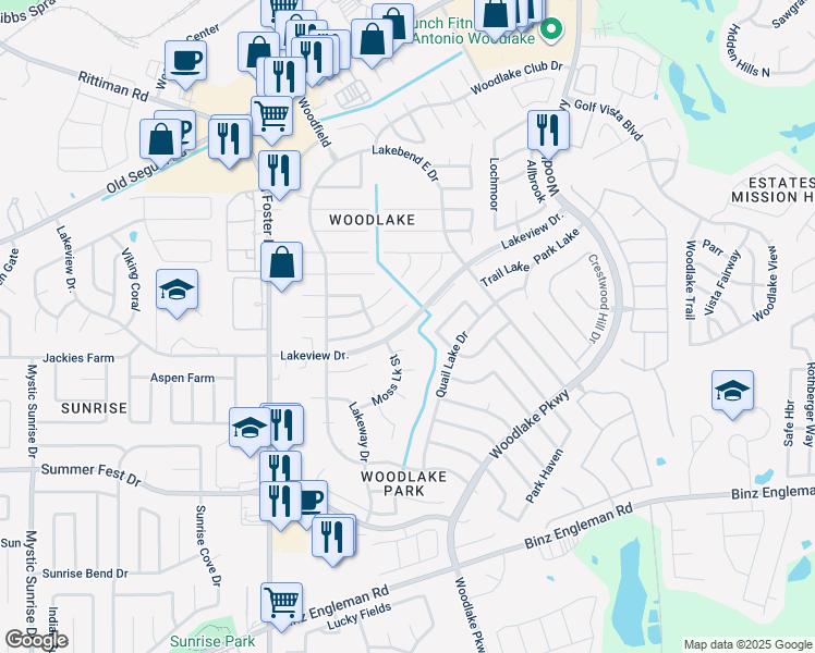 map of restaurants, bars, coffee shops, grocery stores, and more near 5323 Fountain Lake Drive in San Antonio