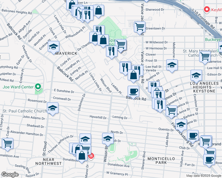 map of restaurants, bars, coffee shops, grocery stores, and more near 2708 Wilson Boulevard in San Antonio