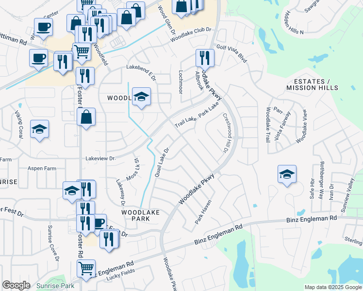 map of restaurants, bars, coffee shops, grocery stores, and more near 5202 Fountain Lake Drive in San Antonio