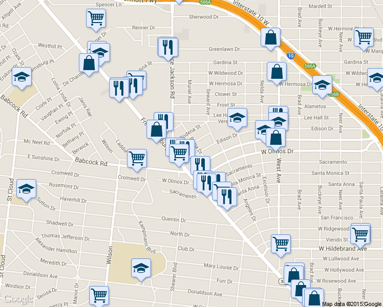 map of restaurants, bars, coffee shops, grocery stores, and more near 2307 Edison Drive in San Antonio