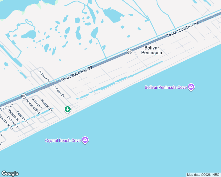 map of restaurants, bars, coffee shops, grocery stores, and more near 3180 Gulf Castle Drive in Bolivar Peninsula