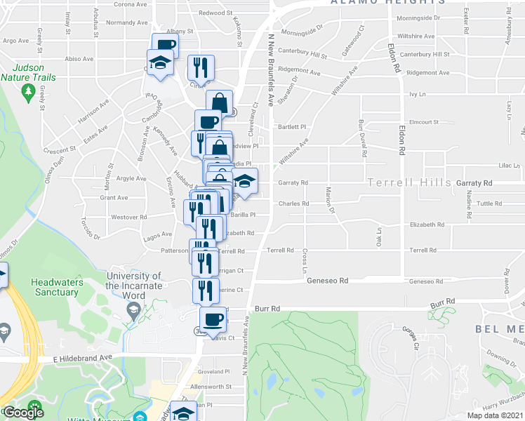 map of restaurants, bars, coffee shops, grocery stores, and more near 161 Barilla Place in Alamo Heights