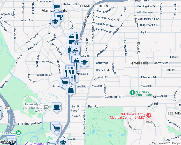 map of restaurants, bars, coffee shops, grocery stores, and more near 161 Barilla Place in Alamo Heights