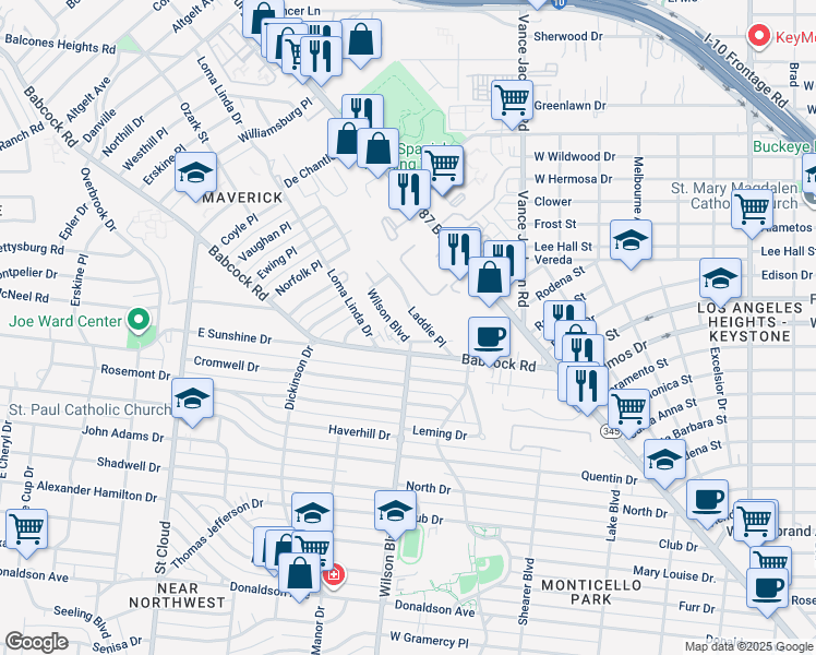 map of restaurants, bars, coffee shops, grocery stores, and more near 2708 Wilson Boulevard in San Antonio