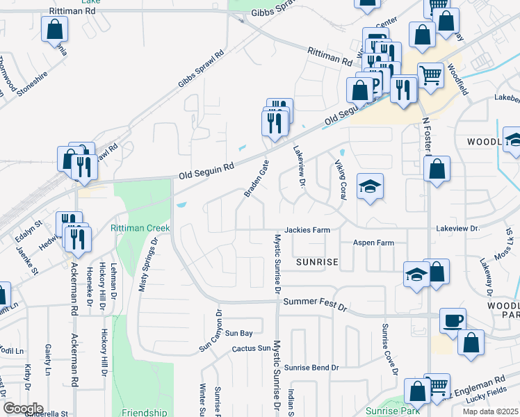 map of restaurants, bars, coffee shops, grocery stores, and more near 4931 Sunset Bluff in San Antonio