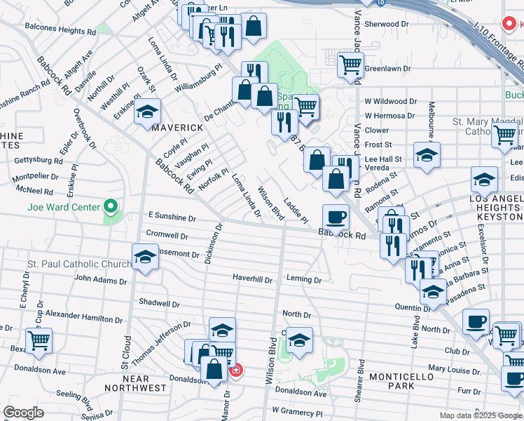 map of restaurants, bars, coffee shops, grocery stores, and more near 4515 Loma Linda Drive in San Antonio