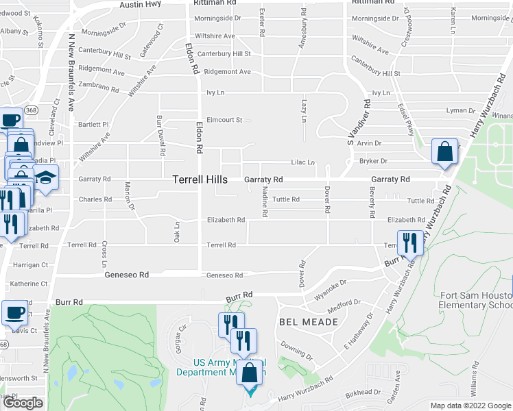 map of restaurants, bars, coffee shops, grocery stores, and more near 103 Nadine Road in San Antonio
