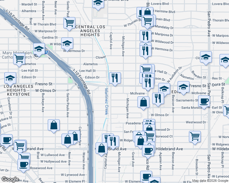 map of restaurants, bars, coffee shops, grocery stores, and more near 1131 Mcilvaine in San Antonio