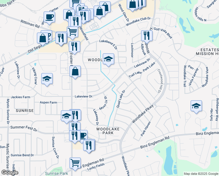 map of restaurants, bars, coffee shops, grocery stores, and more near 5323 Fountain Lake Drive in San Antonio
