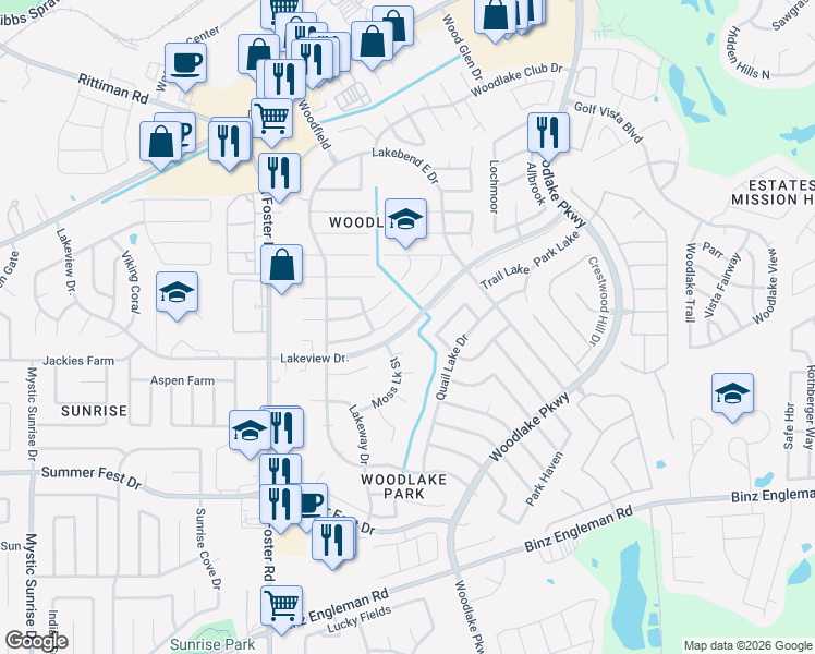 map of restaurants, bars, coffee shops, grocery stores, and more near 5323 Fountain Lake Drive in San Antonio