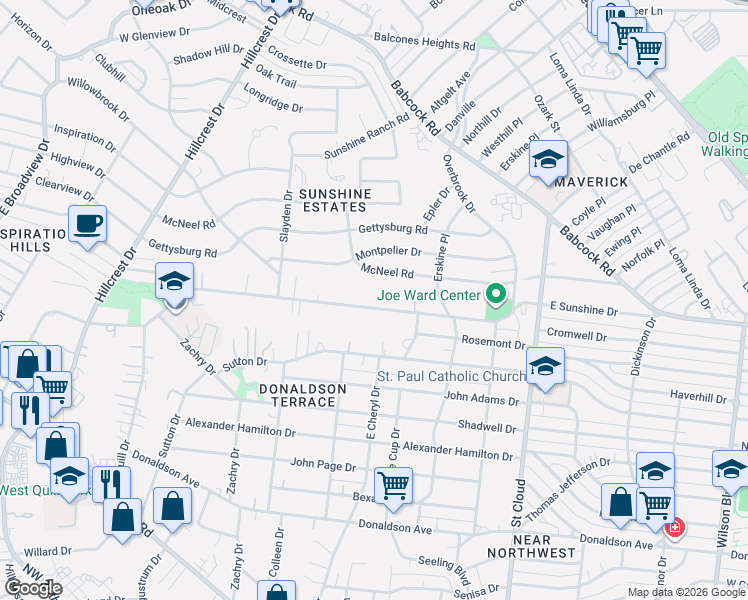 map of restaurants, bars, coffee shops, grocery stores, and more near 723 East Sunshine Drive in San Antonio