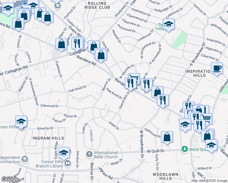 map of restaurants, bars, coffee shops, grocery stores, and more near 115 Oak Knoll Drive in San Antonio