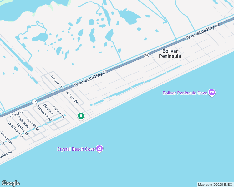 map of restaurants, bars, coffee shops, grocery stores, and more near 3166 Sea Castle Drive in Bolivar Peninsula