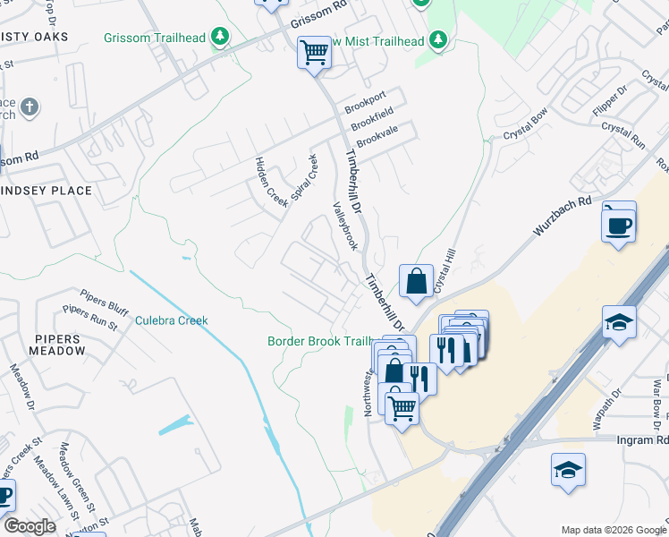 map of restaurants, bars, coffee shops, grocery stores, and more near 6933 Border Brook in San Antonio