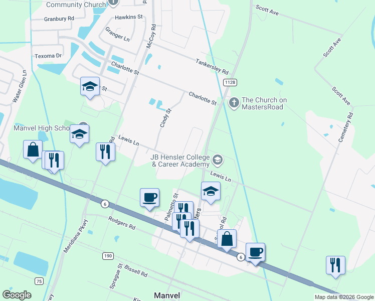 map of restaurants, bars, coffee shops, grocery stores, and more near 7043 Terra Drive in Manvel